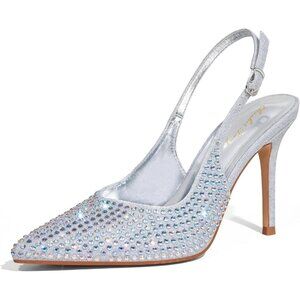 Women's Sliver Rhinestone Stilettos Pointed Toe Closed Elegant Stylish Pump Heel